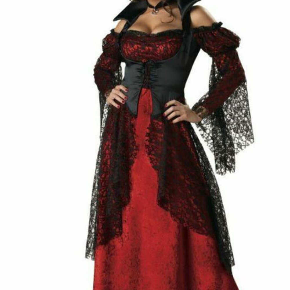 Vampiress Sexy Maxi Velveteen Dress Blk Satin Vest  InCharacter Costumes NWT NOS